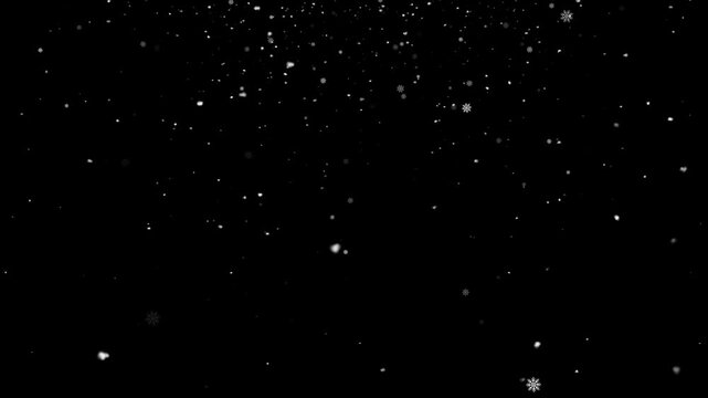 Snow falling on black background, christmas snow winter holiday alpha channel 4k video. isolated falling realistic snowflake on chroma key. abstract Christmas holiday effect