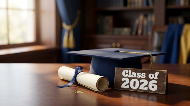 Graduation cap and diploma scroll on a wooden desk with class of 2026 sign graduation day academic achievement university graduation academic success school milestone student achievement
