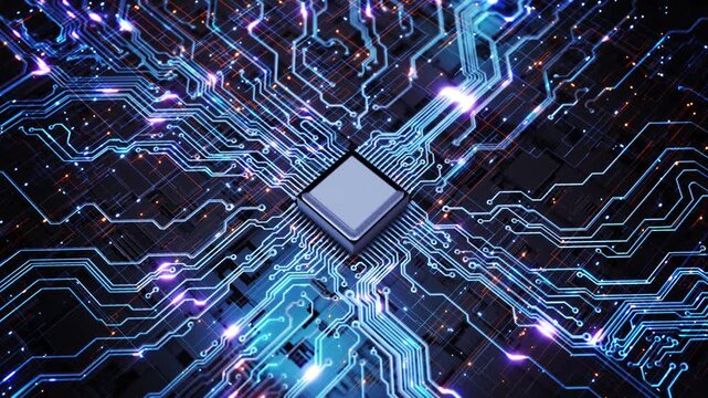 Glowing cyan connections square chip detailed circuit board lines and lit junctions. AI computing concepts, electronic engineering videos and processor design presentations futuristic visual style.