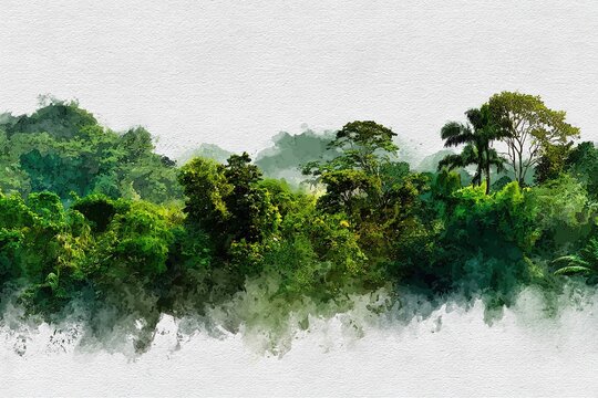 rainforest illustrated in watercolor painting style