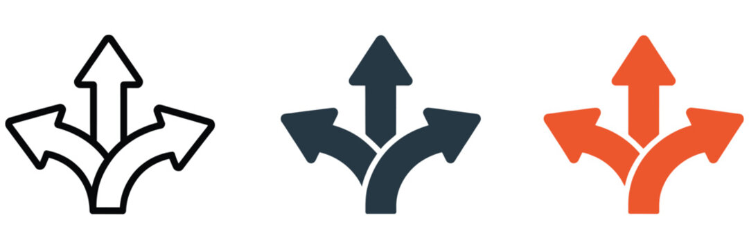 Direction arrow icon with multiple paths illustrating choice, decision making, navigation, strategy, route planning, and modern vector design