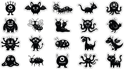 Obraz premium Cute monster sticker set, 20 black and white creature icons, whimsical alien and beast illustrations, cartoon monster vector graphics