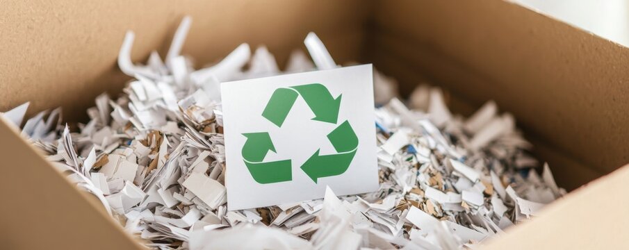 A recycling symbol card placed in a box filled with shredded paper, emphasizing paper recycling and eco-friendly waste management.