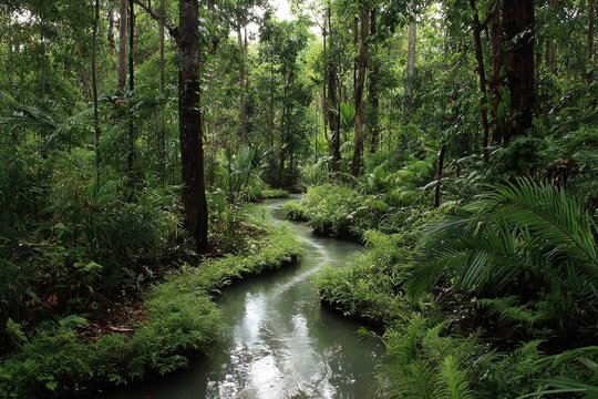 rainforest river winding through lush foliage