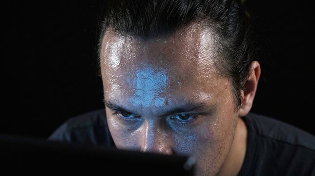 Sweaty young man looking intently at glowing computer screen in dark room showing oily forehead