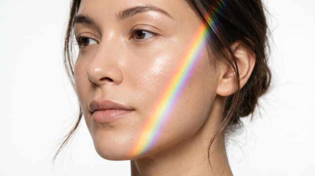 Radiant young woman with dewy glowing skin and prism rainbow reflection across cheek
