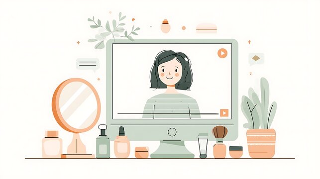 Flat illustration of a woman vlogger filming a beauty tutorial on a computer. Use for social media marketing and influencer lifestyle content.