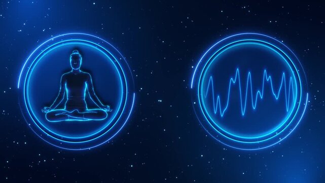 bright circular panels pair yoga silhouette cyan wave graph scattered points of light. guided meditation visuals, breathing exercises relaxation content exploring connections focus, rhythm calm