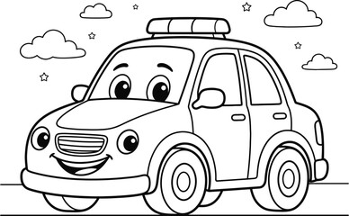 Cartoon police car coloring page for kids. Cute smiling patrol vehicle vector illustration. Black and white line art of a friendly police car. © Masum Mia