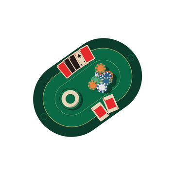 Poker table vector illustration with playing cards and chips. Green felt gambling table for casino games. Top view poker game layout.