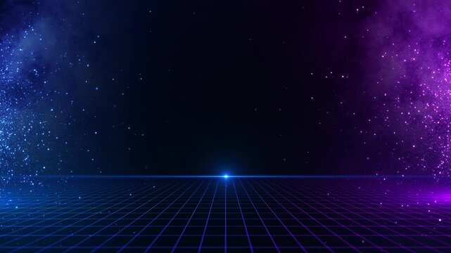 Glowing blue violet grid stretches toward a luminous point, bordered dense clouds of sparkling particles. music visuals, virtual stage backgrounds retro digital promotions, dark suited to text logos.