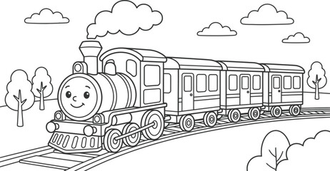 Cartoon steam train coloring page for kids, cute locomotive with smiling face on railway tracks, black and white outline vector illustration © Masum Mia