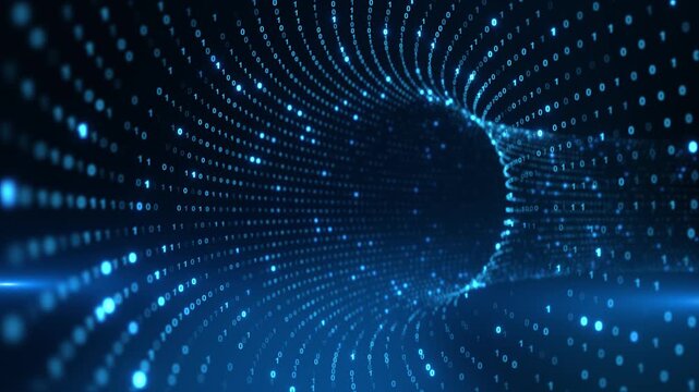 Cylindrical field of luminous zeros ones curves blue vortex, view of digital information. encryption concepts, network 19 stories computing intros, combining coded symbols immersive depth.
