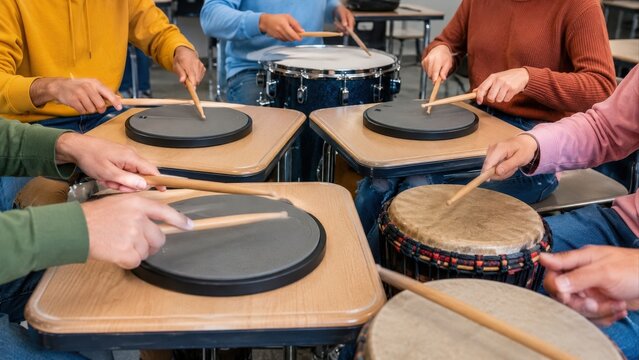 Group of Students Playing Drums and Practice Pads in Class