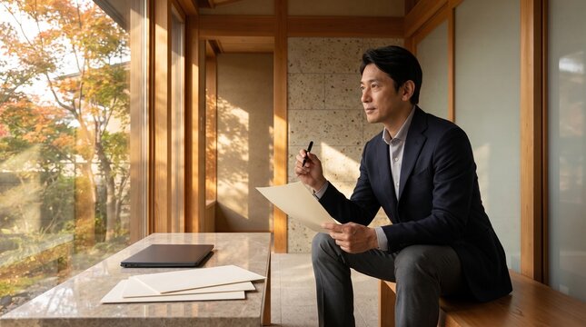 Businessman Holding Document and Pen Looking Thoughtful near Autumn Garden Window