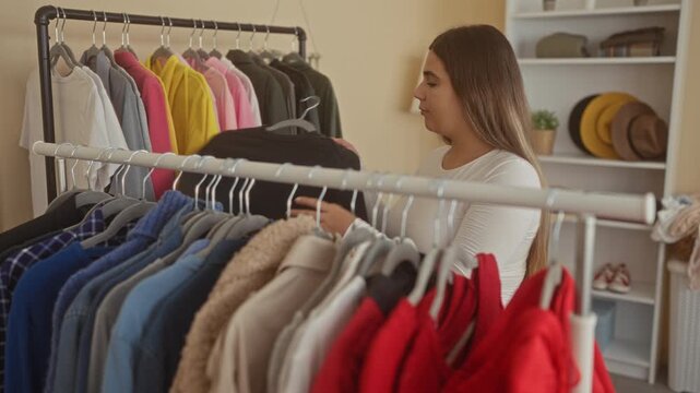 Young hispanic woman browses clothing rack holding a hanger and examining a beige coat in boutique studio; thoughtful quiet choice.