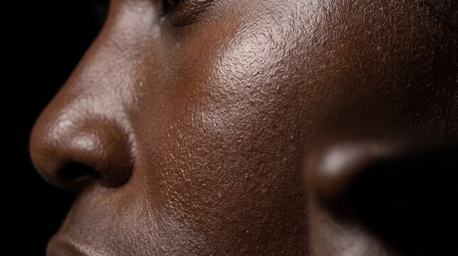 Close up angle view of oily textured dark skin on cheek and nose of black individual
