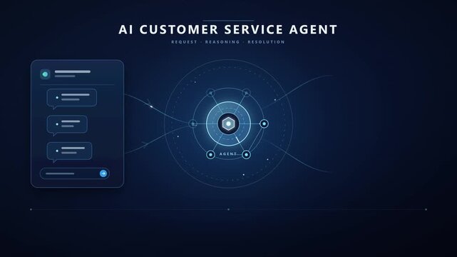 Futuristic AI customer service agent concept with a digital chat interface and glowing data connections