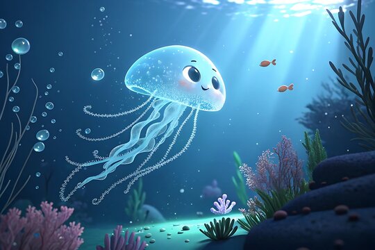 Cartoon jellyfish swimming in underwater ocean scene