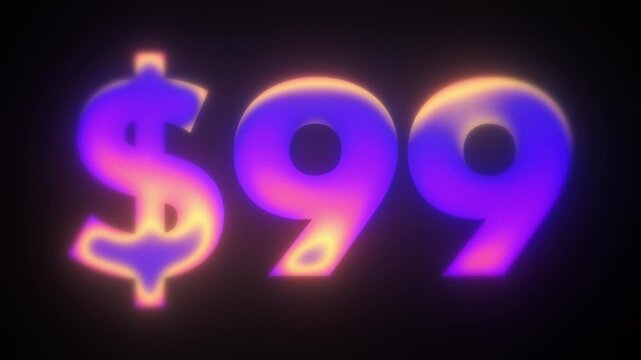 Sales typography pack with five glowing texts BUY NOW, $99, $49, $9.99 and $19 in a purple pink and yellow gradient on a black background, seamless loops for sale and pricing designs