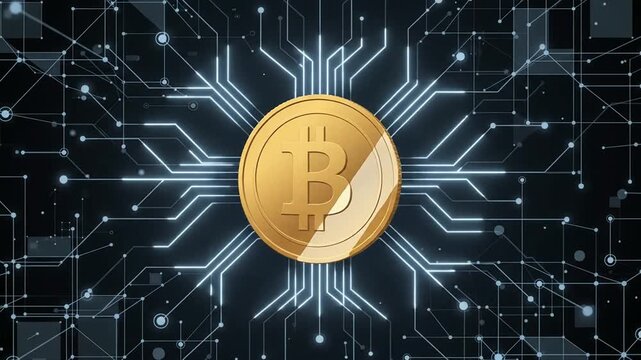 Gold bitcoin cryptocurrency symbol with digital network circuits background