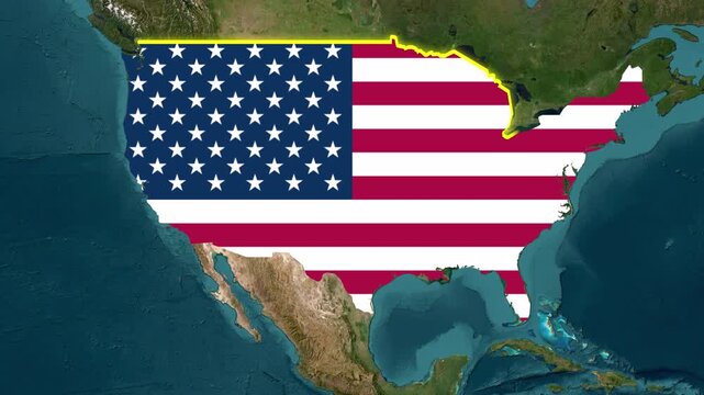 Satellite map of Contiguous United States of America and the flag appears when the clouds move away. Yellow outline indicates the border of the country. 4K animation for broadcast, social media.