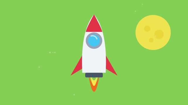 Cute Rocket Ship Flying Towards Moon on Green Space Background Animation