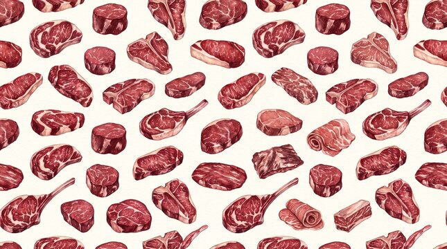 Raw meat cuts repeat in a seamless pattern across the bright transparent background texture surface.