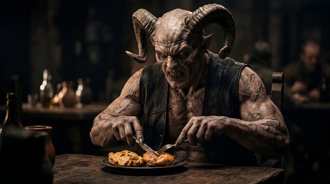 A terrifying horned demon sitting at a wooden table in a dark tavern eating a meal with cutlery