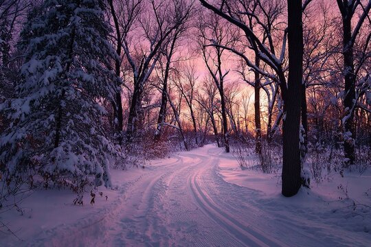 sunset glow on snowy cross country ski trail