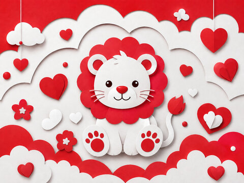 Friendly white and red lion surrounded by hearts and flowers in a cute romantic paper cut illustration.