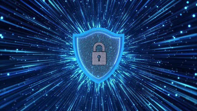 A textured metallic shield lock motif is edged light, surrounded by dense blue rays dots. identity protection, secure access and encryption concepts in 19 presentations, training brand stories.