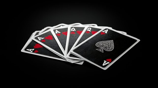 A fan of black playing cards with red hearts and spades displayed on a black background. Perfect concept for gambling, poker, and risk-taking business strategies.