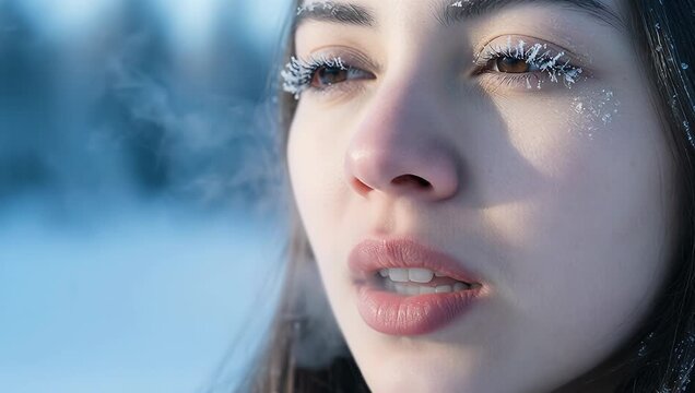 Woman Breathing in Cold Winter Air with Frosty Eyelashes