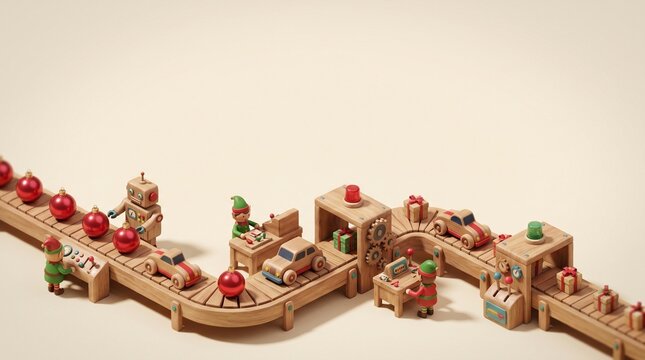 Vintage wooden toy factory, Christmas elf workshop with conveyor belt, miniature holiday gift production scene