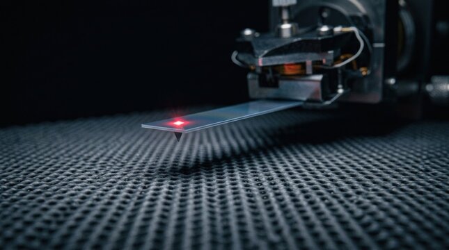 Atomic force microscope AFM cantilever probe scanning silicon wafer with red laser beam