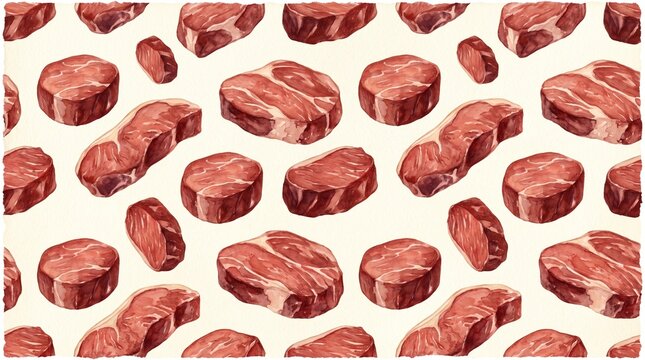 Raw meat steaks are scattered in a repeating pattern across the plain surface for a butcher design.