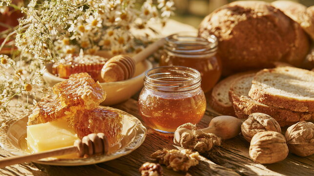 Golden honey in glass jars with honeycomb, bread and a wooden dipper, creating a warm rustic farmhouse scene with sweet natural harvest flavors today.