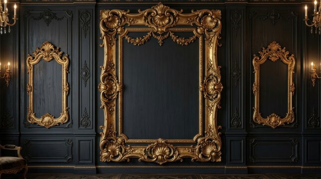 Luxury dark charcoal wood boiserie wall paneling with ornate gilded golden baroque frames