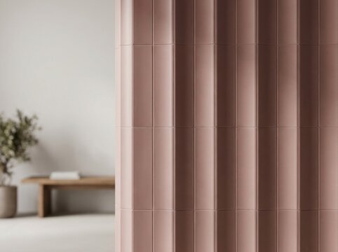 Fluted terracotta ceramic tile curved partition wall in modern sunlit minimalist interior