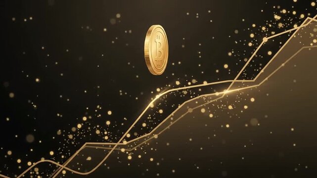 Glowing golden bitcoin cryptocurrency rising chart lines abstract luxury background