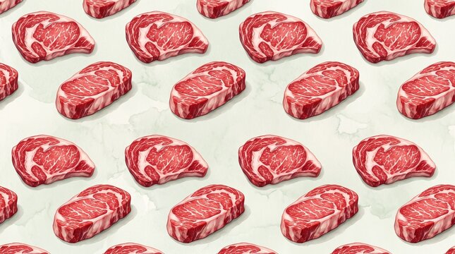Steaks arranged in a seamless pattern on light background showcasing raw meat cuts.