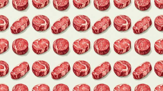 Raw meat steaks are arranged in a repeating grid pattern against a clean neutral background.