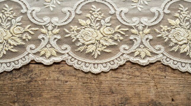 Scalloped floral ivory crochet lace ribbon trim resting on weathered rustic wooden plank