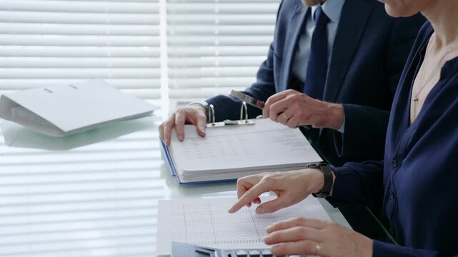 Professional auditors and accountants reviewing financial documents, discussing data, calculating taxes and expenses during an important business audit meeting