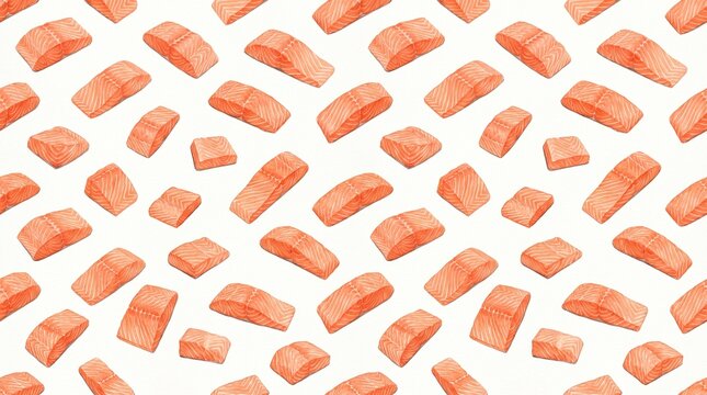 Salmon cuts form a seamless diagonal repeating pattern of pink raw fish pieces on a transparent background.