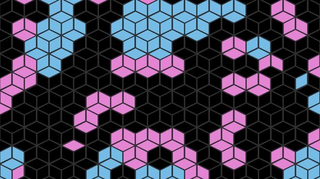 Mosaic with a color change effect, modern digital pattern with rotating color tones on geometric grid, 4k animation.
