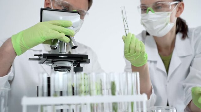 Scientists in protective gear conduct experiments, adjusting a microscope and using test tubes for detailed biological research and medical innovation