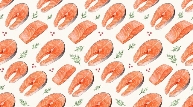 Salmon steaks and fillets create a repeating pattern across the transparent background surface.