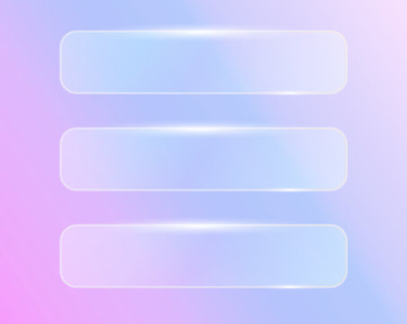 Transparent glass banners with light reflection effect, glassmorphic banners set on holographic iridescent background.